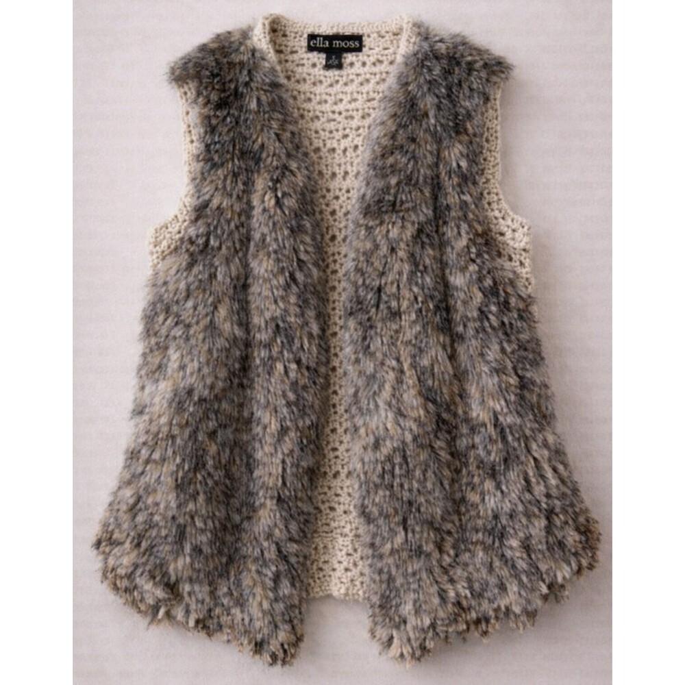 Ella Moss Faux Fur Vest Womens XS Crochet Knit Open Front Boho Festival Shaggy